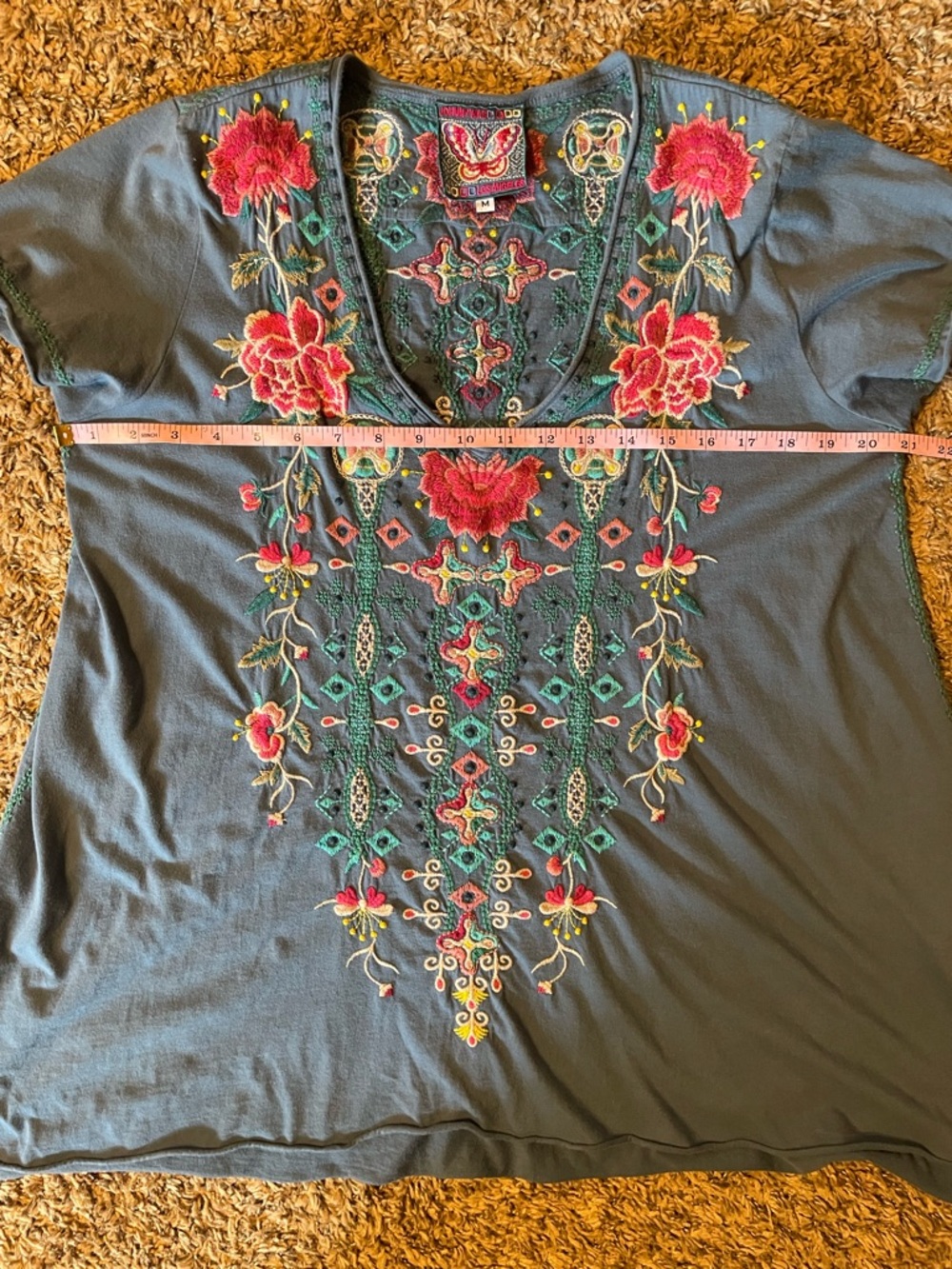 Johnny Was JW Los Angeles Womens Medium Blue Embroidered Boho Hippie Tunic Top - Picture 8 of 9